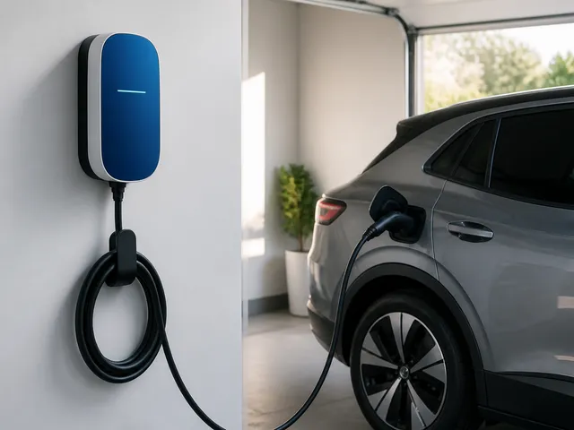 Borne de recharge murale installee dans un garage residentiel, vehicule electrique en charge