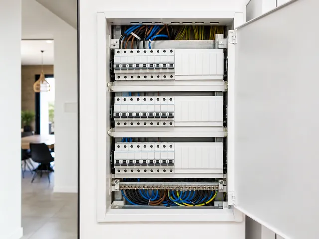 Tableau electrique ouvert, disjoncteurs installes et emplacements libres visibles